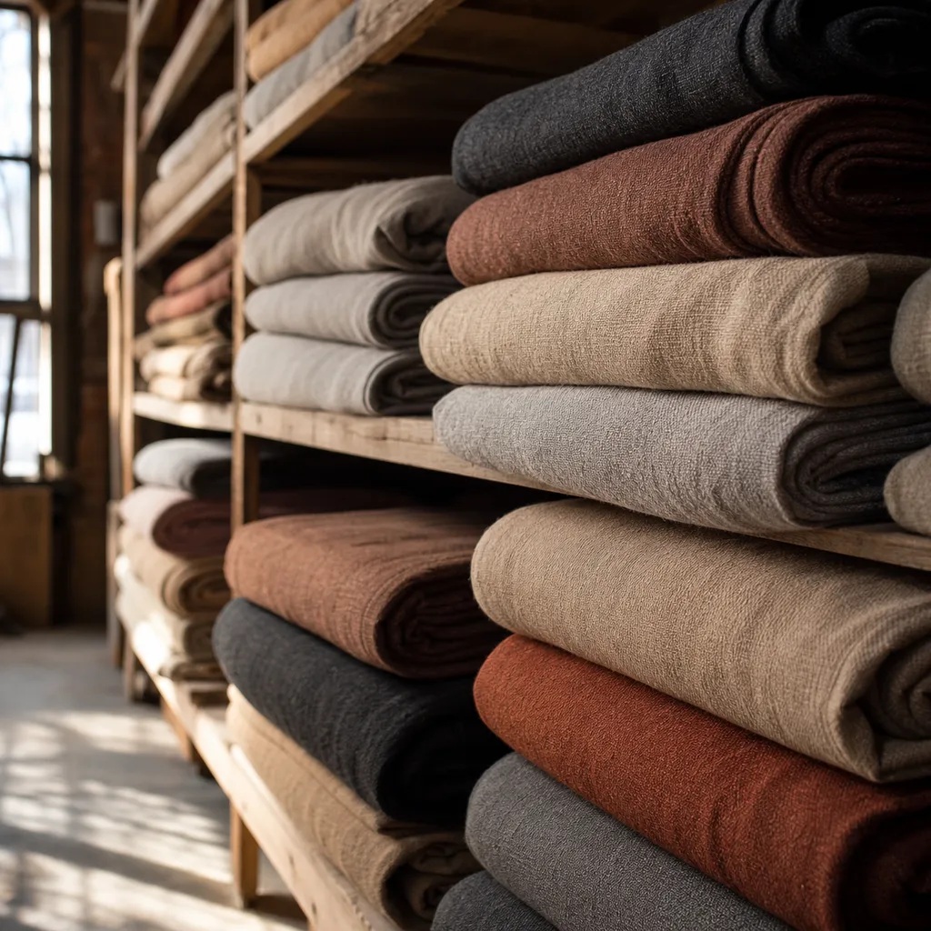 Bolts of folded cloth stacked on warehouse shelving in warm directional daylight, ends fanned to show colour and weave