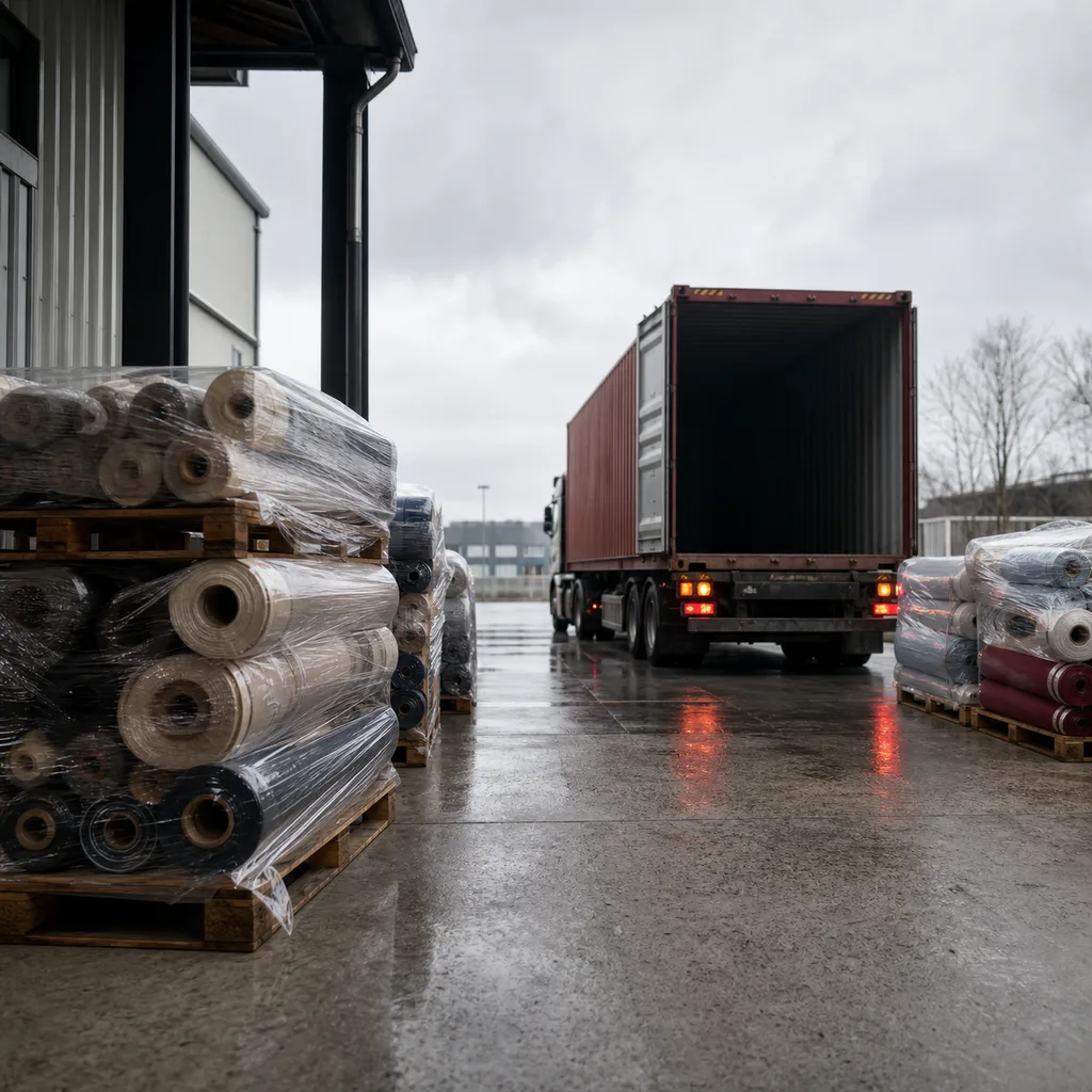 Shrink-wrapped pallets of fabric rolls staged at a loading dock under an overcast sky, a container truck reversing in the background