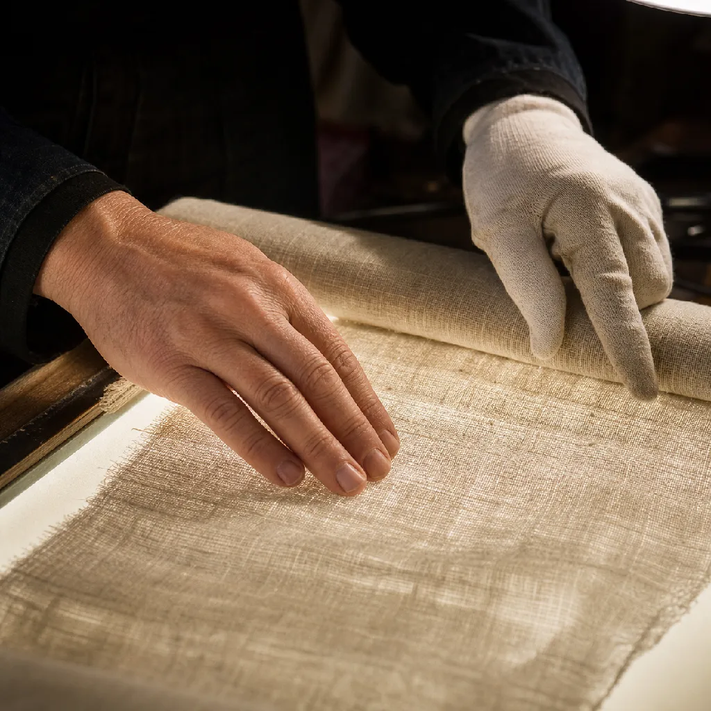 Hands drawing a length of woven fabric across a backlit inspection frame, gloved fingers checking the surface for slubs and faults