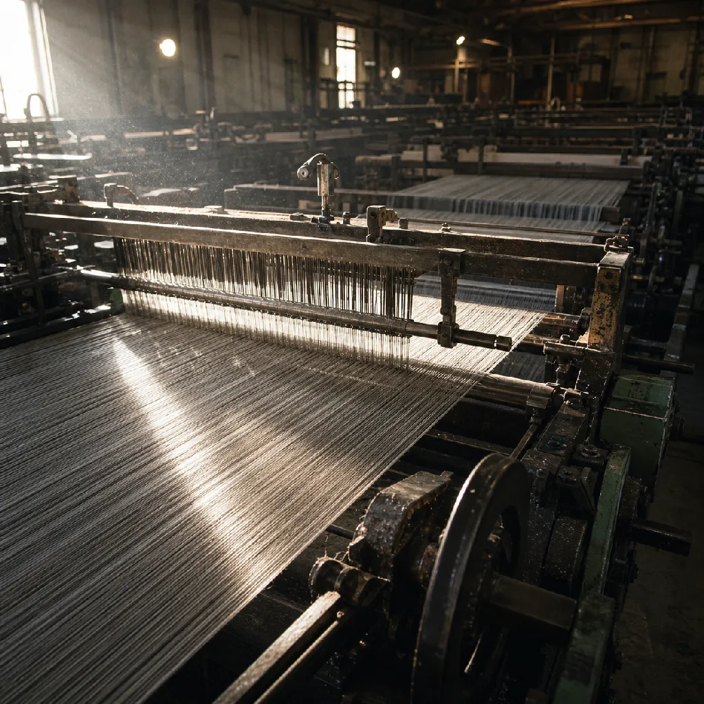 Wide loom in operation at a weaving mill, warp threads under tension, raking side light catching the lint in the air